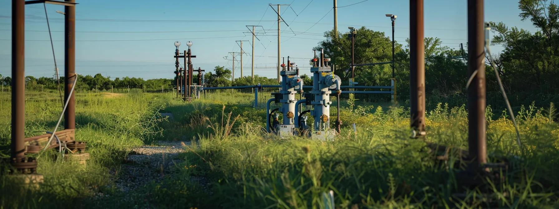 a focused homeowner stands at a crossroads between sleek electric and rugged gas well pumps, contemplating their decision amidst a backdrop of lush greenery and distant utility lines under a clear blue sky.