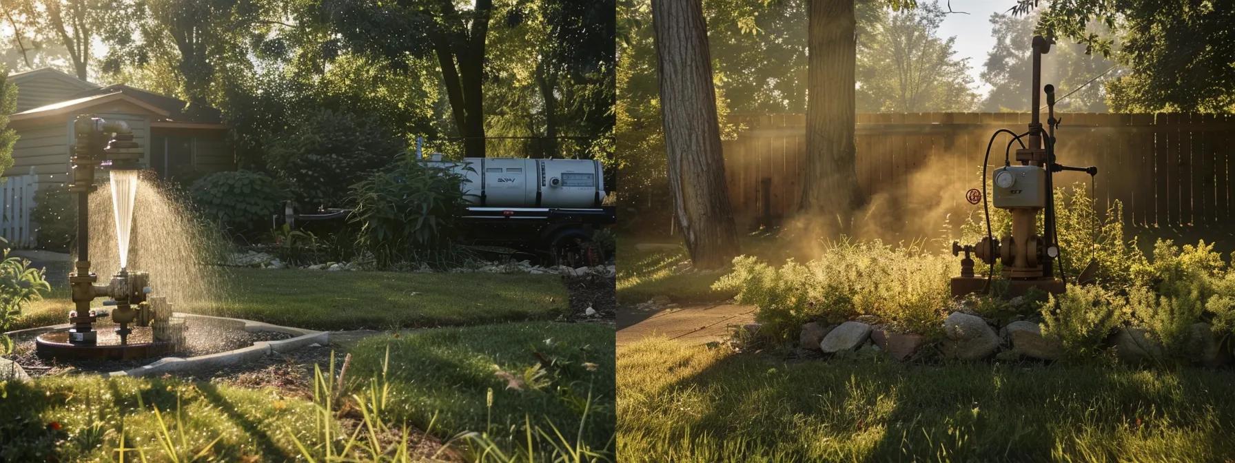 a visually striking landscape contrasts a serene, sunlit garden with a sleek electric pump on one side and a rustic gas well pump emitting subtle wisps of exhaust on the other, highlighting the themes of sustainability and environmental impact.