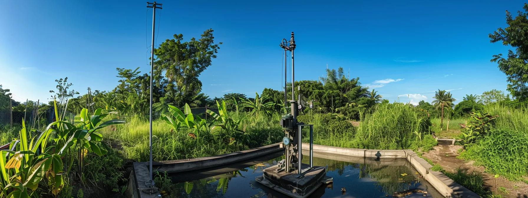 a well pump installation stands prominently against a backdrop of lush greenery and clear blue skies, showcasing the intricate mechanics designed to efficiently draw water from deep underground.