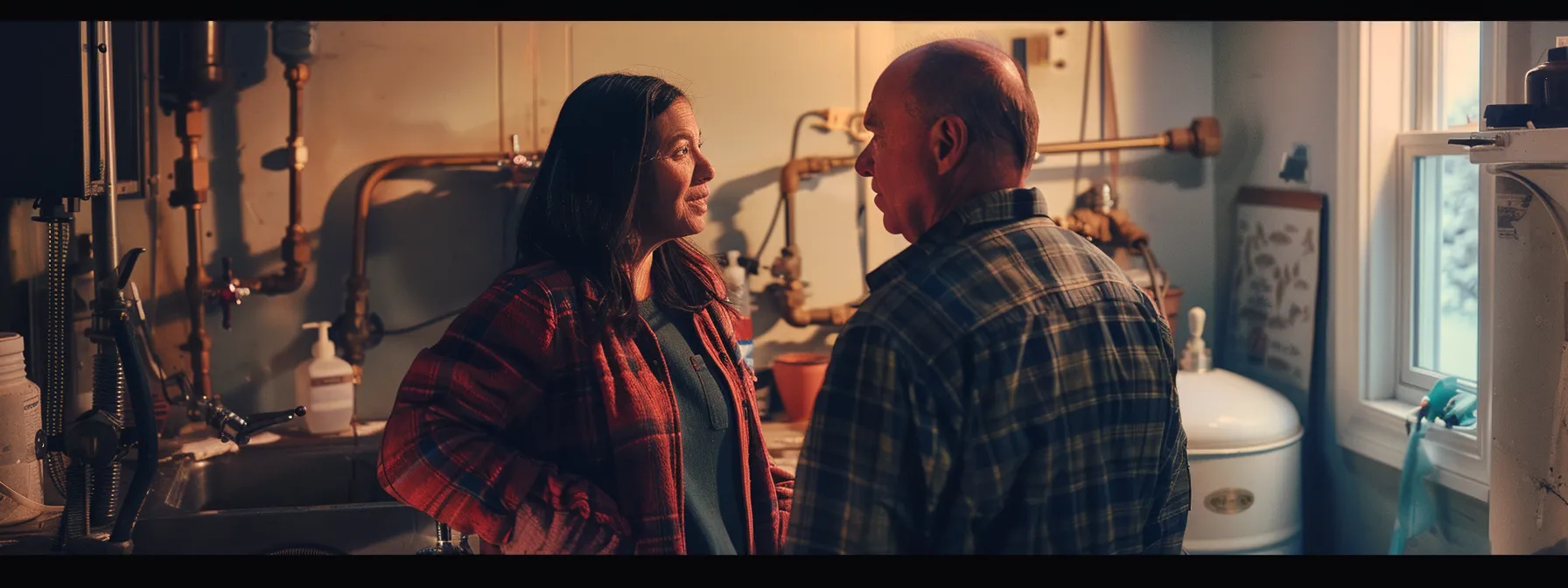 a homeowner consulting with a skilled plumber beside a well system, discussing repair options and costs.