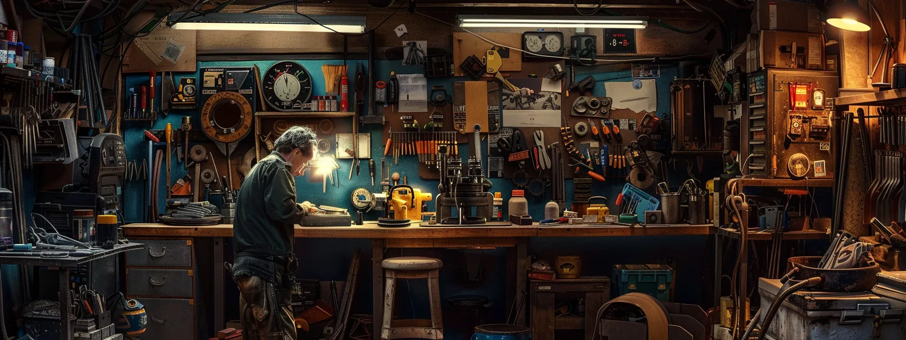 a mechanic carefully inspects the inner workings of a hand pump, surrounded by tools and replacement components on a cluttered workbench.