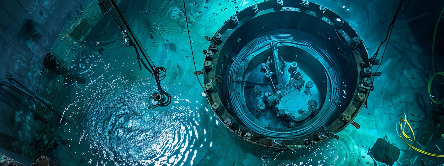 a person inspecting the electrical wiring of a submersible well pump deep underwater, surrounded by clear blue water, showcasing the importance of meticulous maintenance.