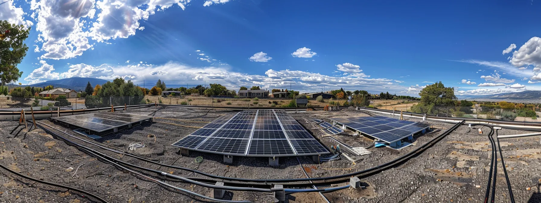 a solar panel mounting structure being installed on a clear, sunny day, with cables neatly arranged for safe electrical wiring.
