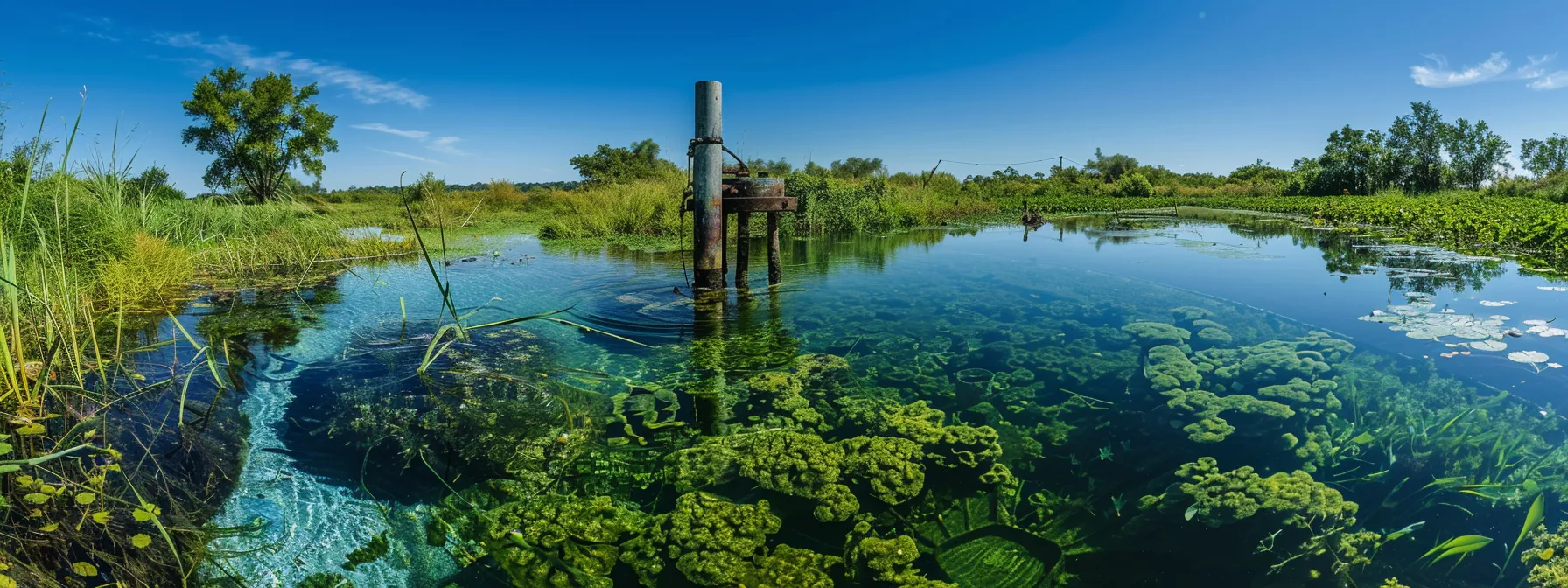 a submersible well pump surrounded by clear, clean water, with vibrant green vegetation and clear blue skies in the background, showcasing an efficient and well-maintained system.