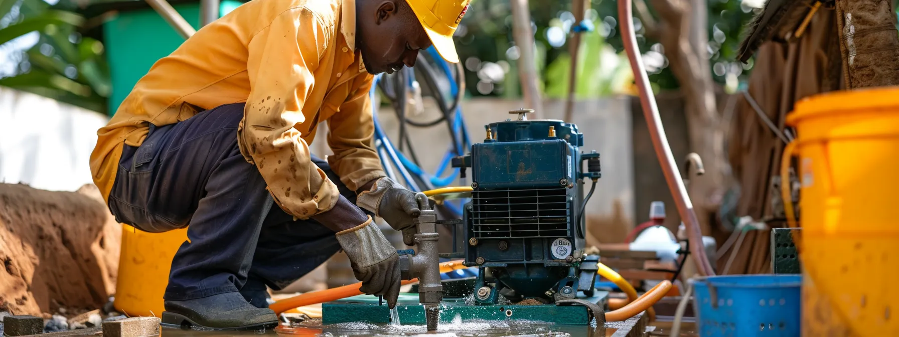 a technician carefully cleaning a solar well pump system, surrounded by tools and equipment, ensuring its efficiency and reliability.