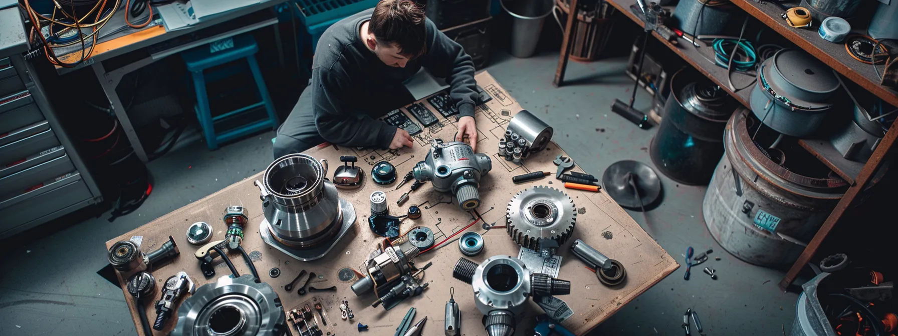 a technician inspecting a jet pump with a check valve, debris, and wiring diagram, surrounded by tools and parts, in a well-lit workshop.