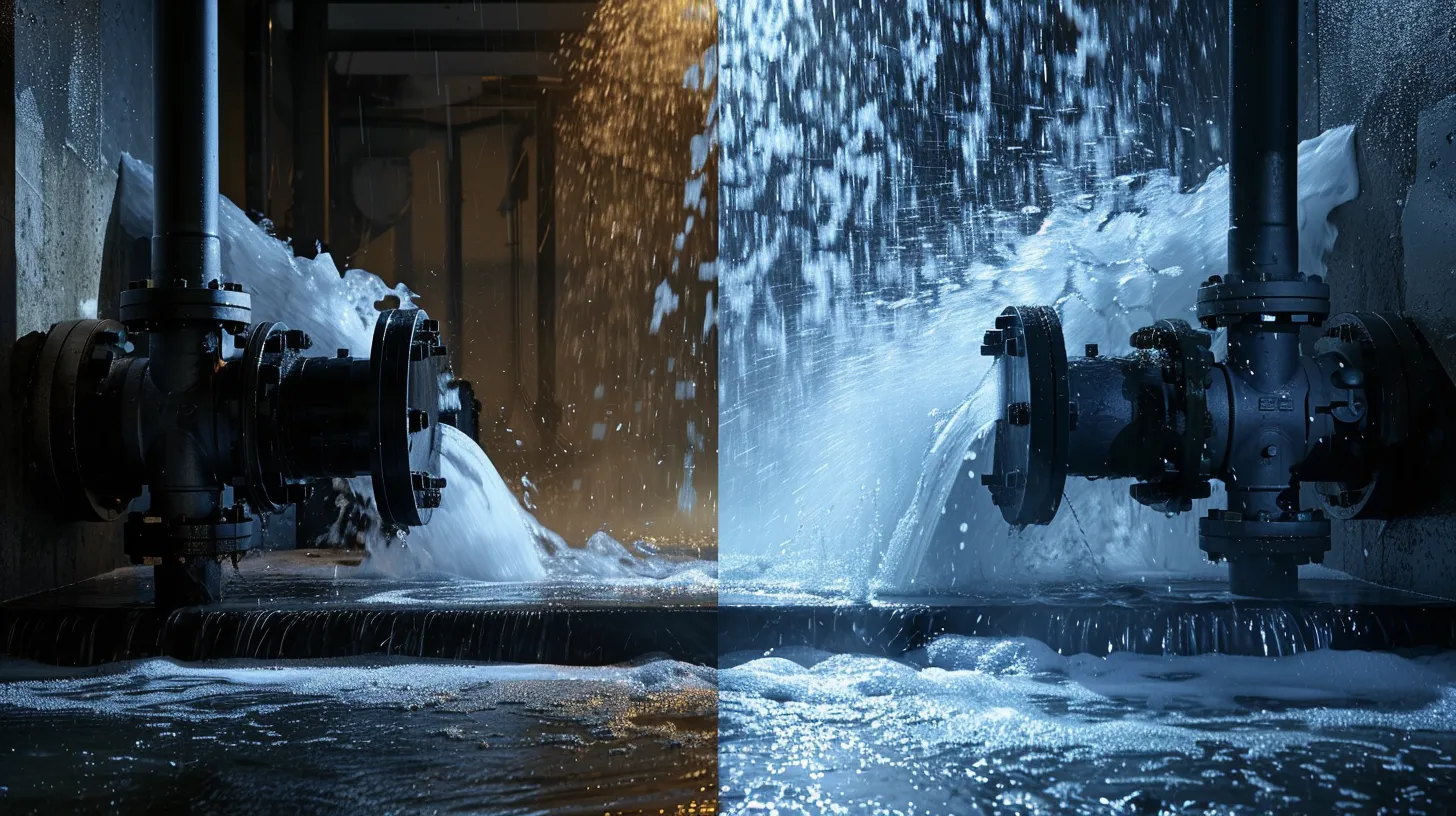 a dynamic comparison scene showcasing a submersible pump and a jet pump in a split image, highlighting their water output, flow rates, and energy efficiency against a backdrop of icy conditions, illuminated with dramatic lighting to emphasize their functional capabilities.