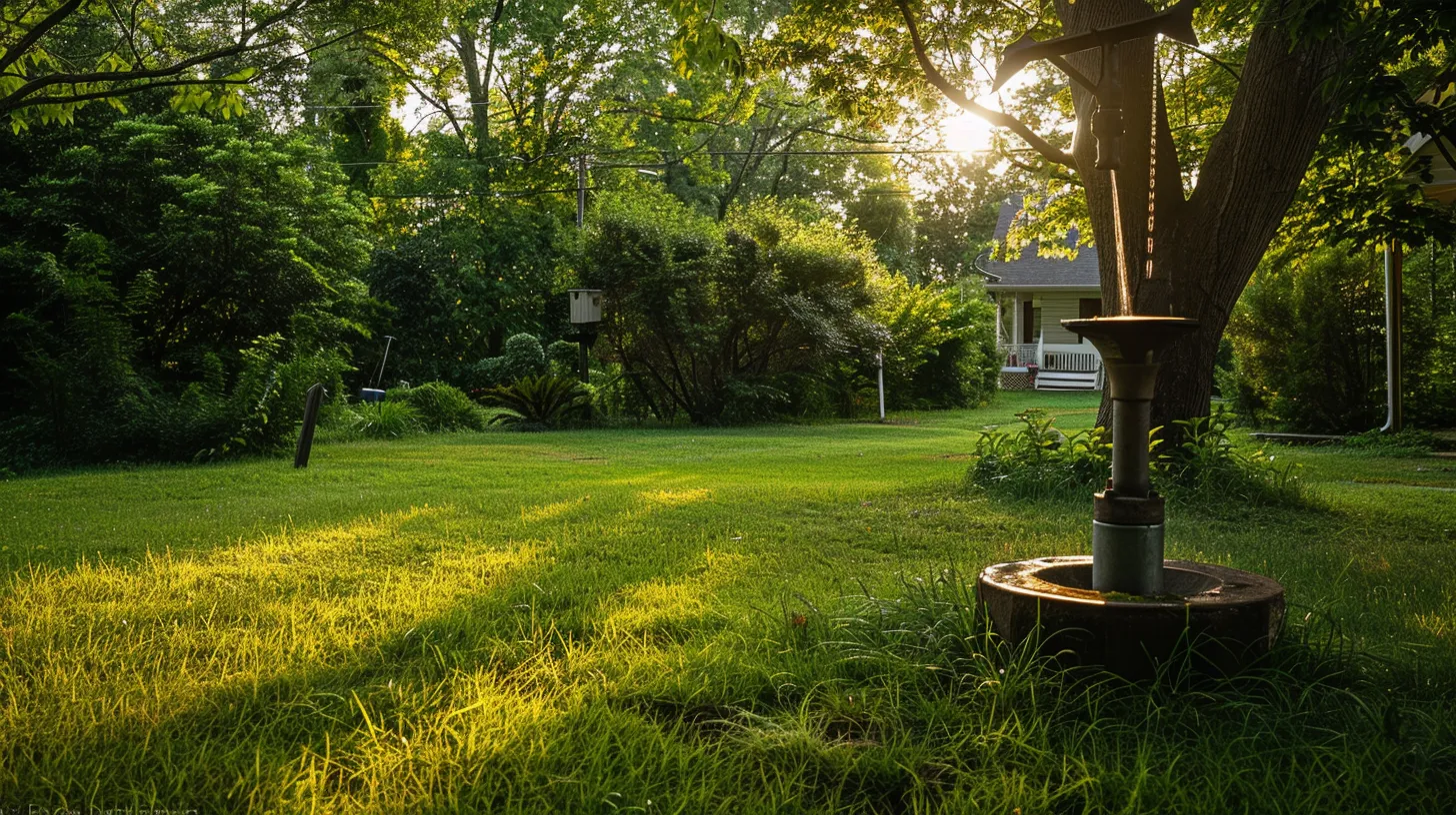 a picturesque rural home in manassas, va, featuring a sleek submersible well pump amidst lush greenery, with sunlight glinting off its durable surface, symbolizing reliable water solutions for homeowners.