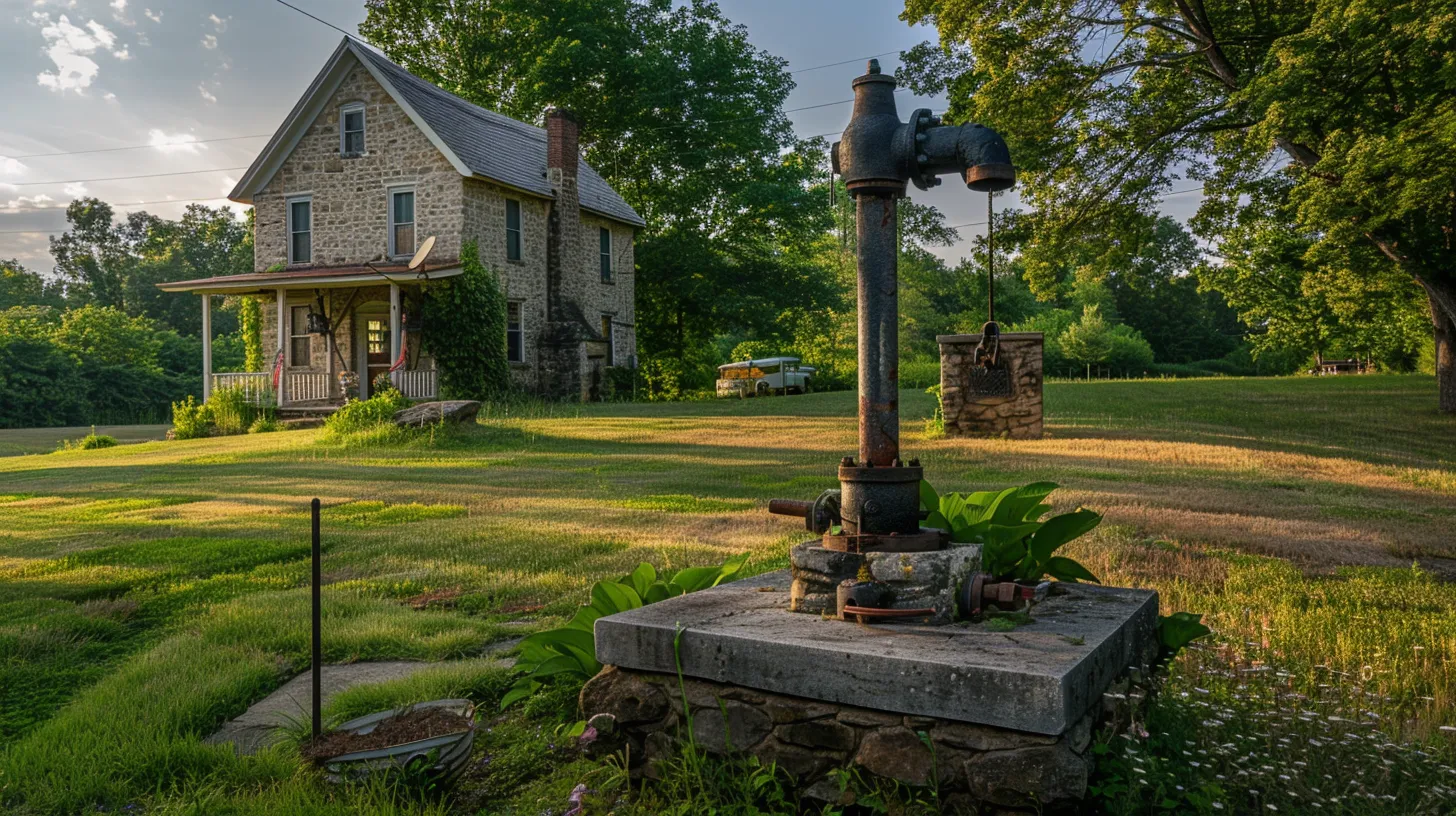 a rustic, sunlit rural home in manassas, va, with a prominent well pump in the foreground, surrounded by vibrant greenery, illustrating the essence of rural living and self-sufficiency.