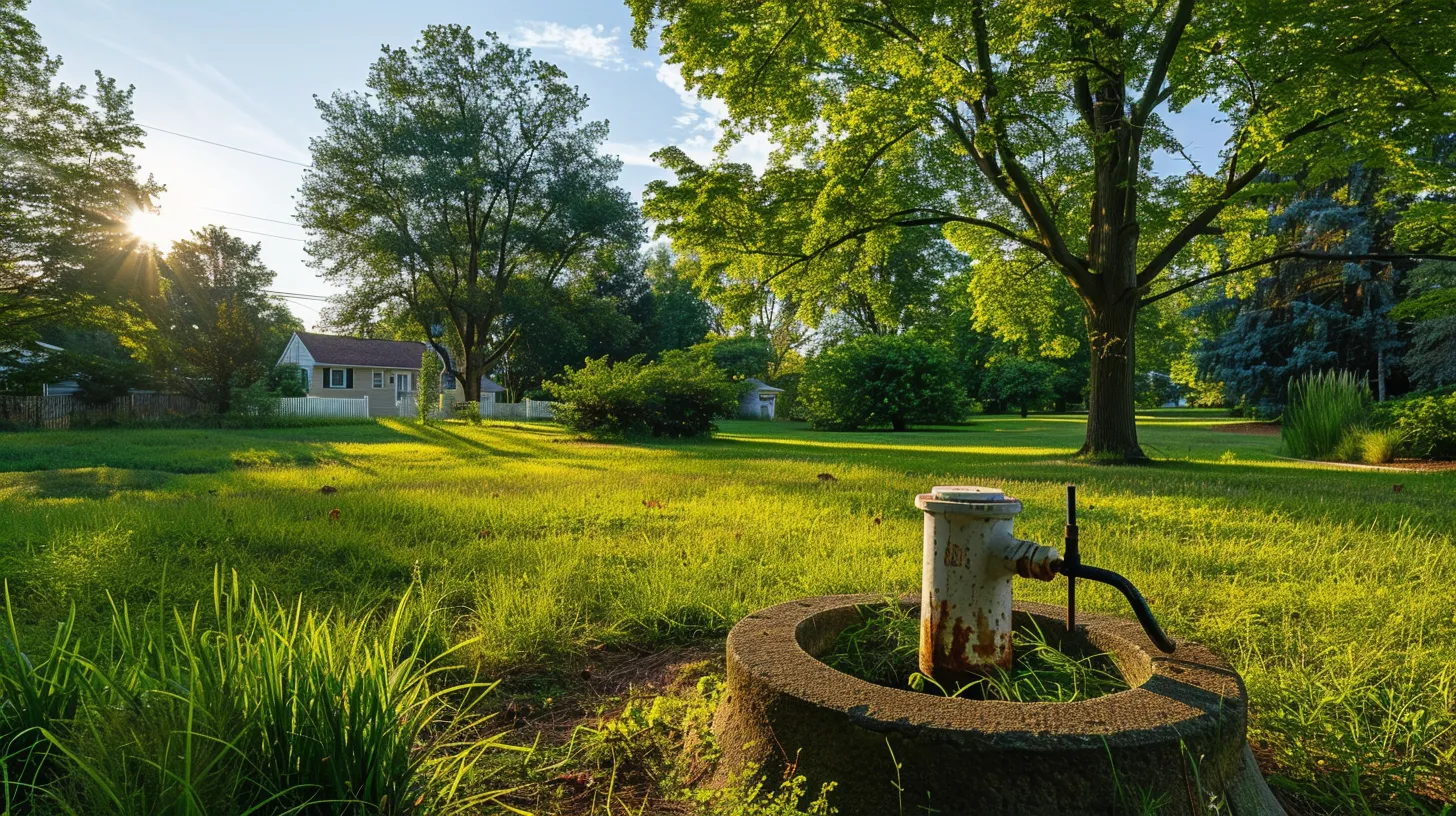 a serene residential landscape in manassas, va, showcasing a pristine well pump surrounded by lush greenery and a clear blue sky, symbolizing the importance of well pump maintenance and replacement for homeowners.