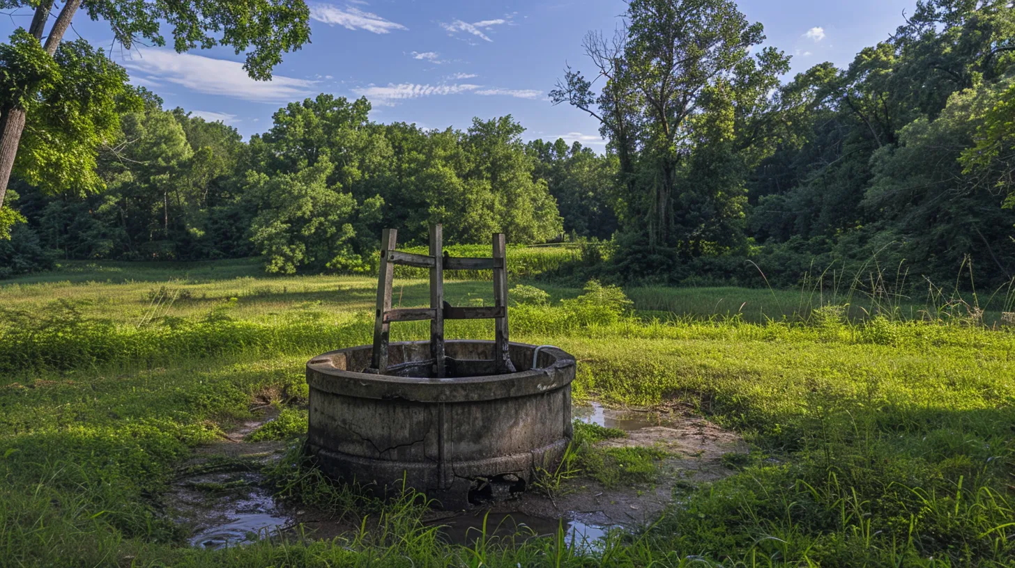 a serene rural landscape in manassas, va, showcasing a well pump surrounded by lush greenery and a clear blue sky, symbolizing the vital role of water supply in rural living.