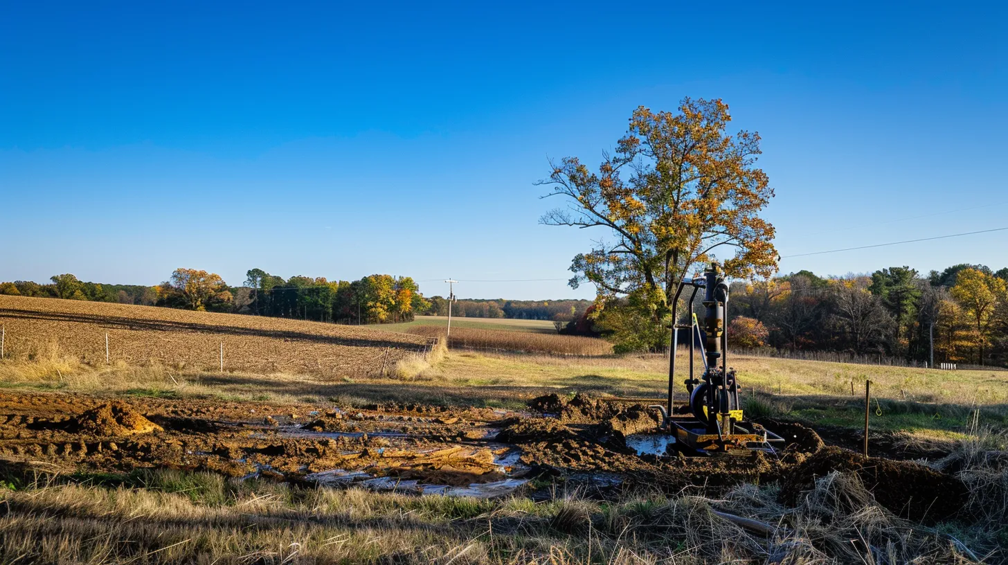 a serene rural landscape in manassas, va, featuring a well pump installation in progress under a clear blue sky, highlighting the blend of nature and essential home infrastructure.