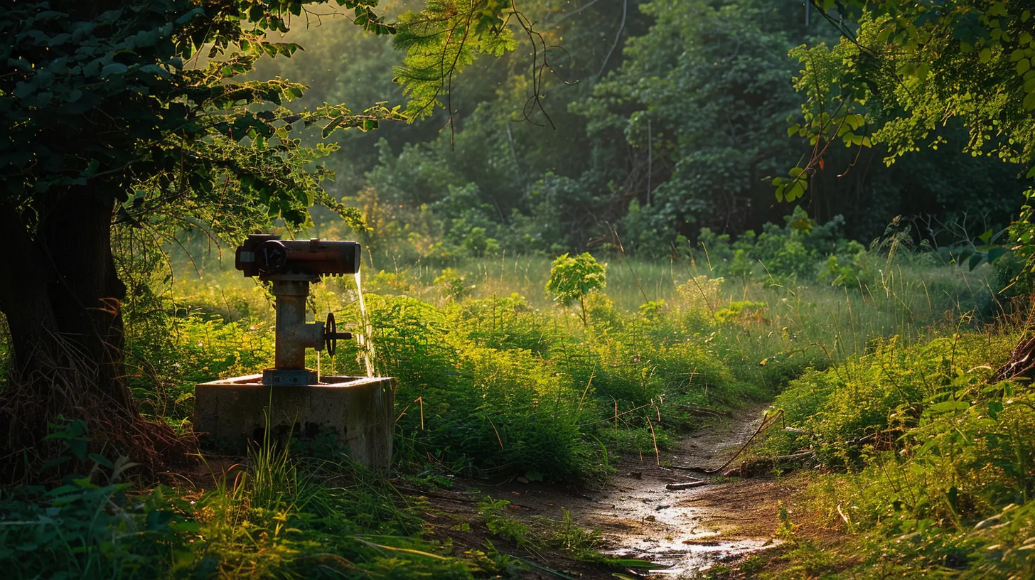a serene rural landscape showcases a robust new well pump nestled in lush greenery, illuminated by warm sunlight, symbolizing the importance of regular maintenance for lasting performance.