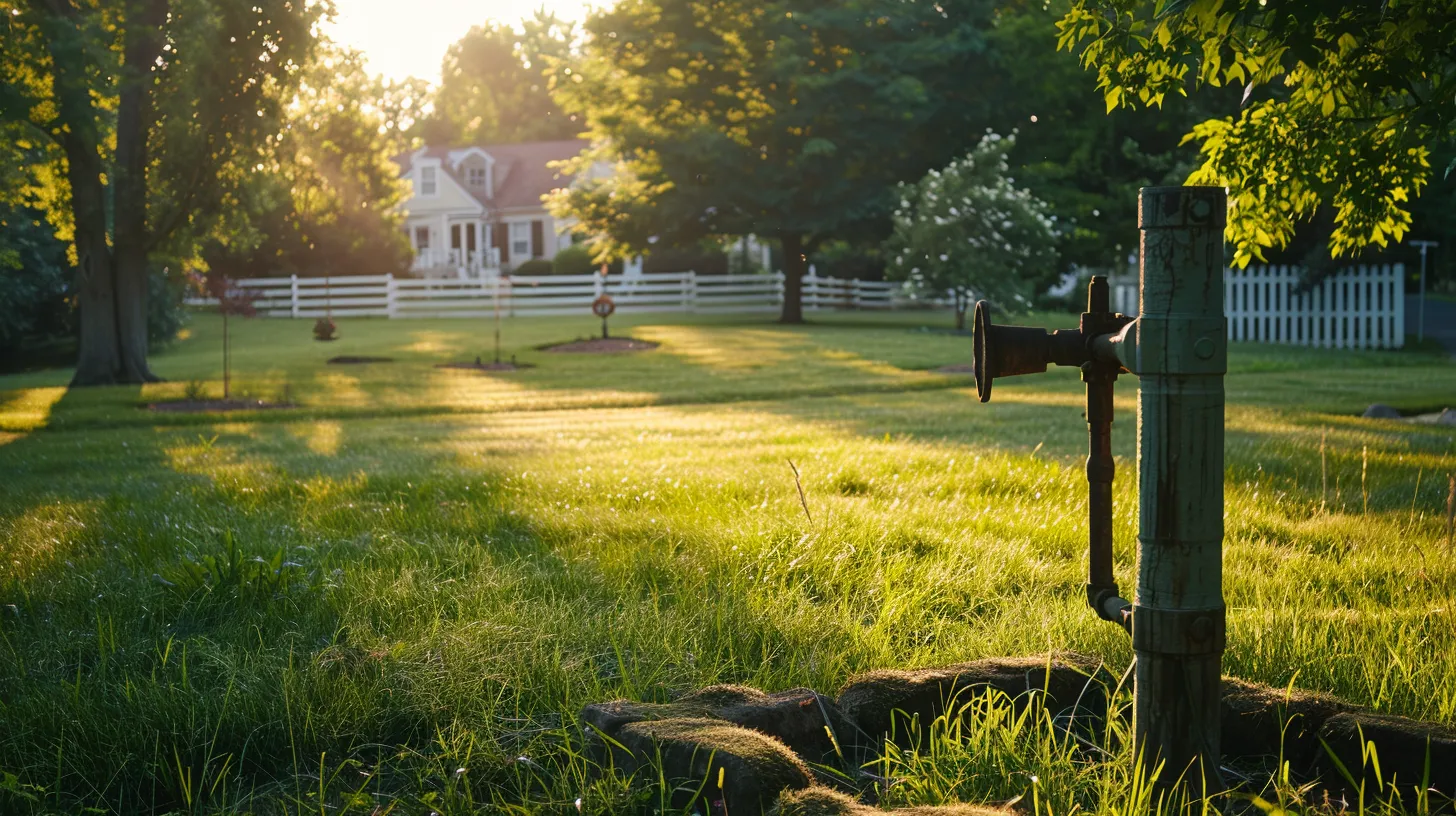 a serene suburban landscape in manassas features an energy-efficient well pump set amidst a lush green lawn, bathed in warm sunlight, symbolizing the practical investment and long-term savings for homeowners.