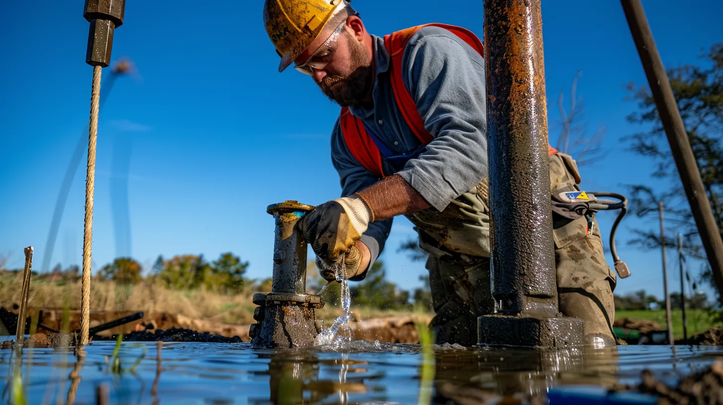 a skilled technician expertly installs a gleaming well pump amidst a serene manassas landscape, showcasing professionalism and dedication to quality service under a clear blue sky.