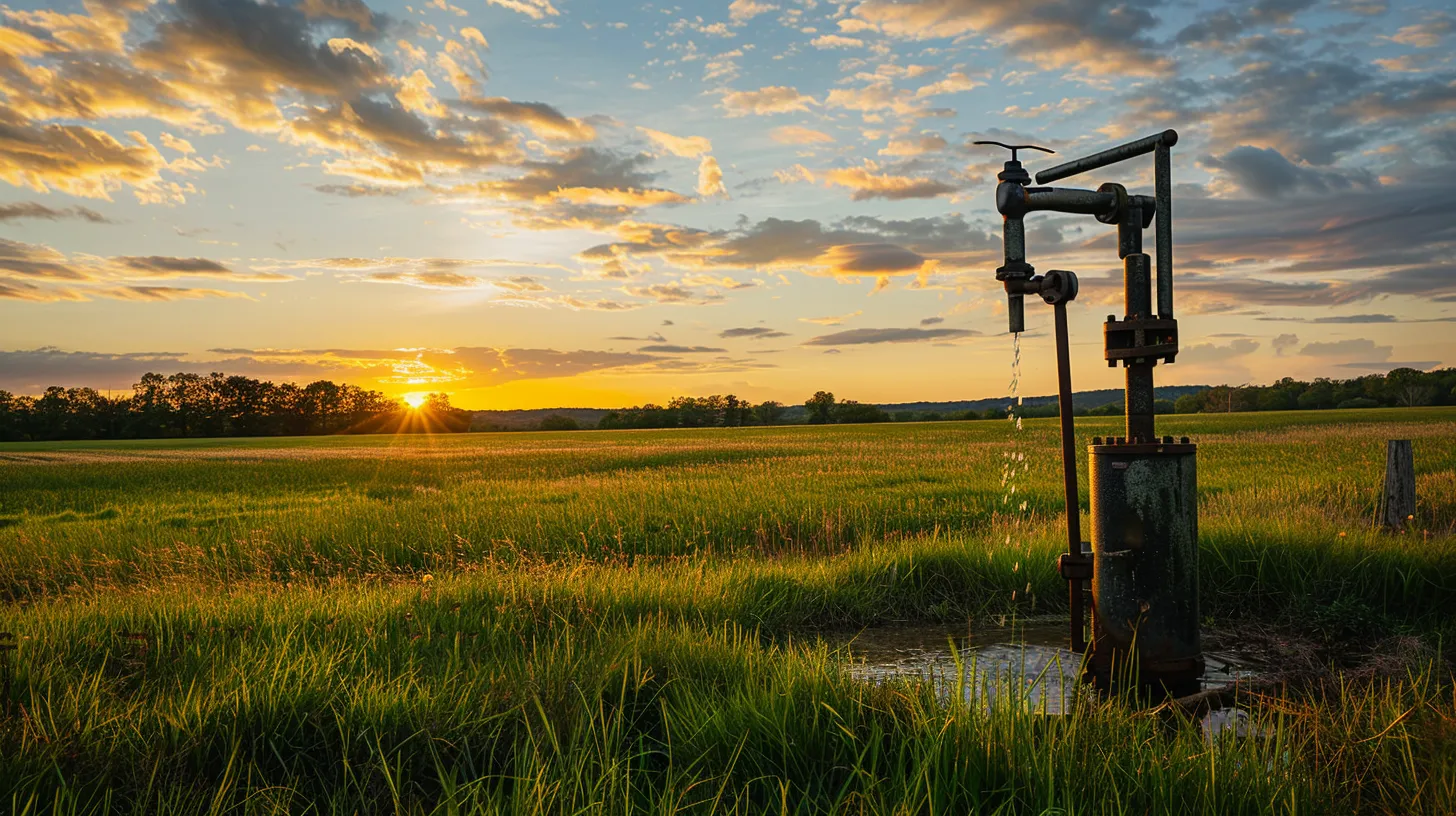 a sleek, modern well pump stands resiliently against a vibrant rural backdrop in manassas, va, symbolizing efficiency and reliability under the warm glow of golden hour sunlight.