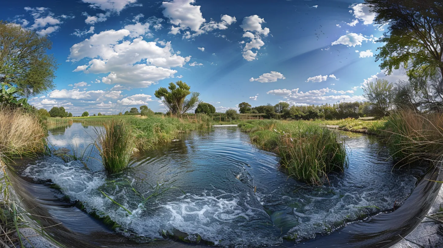 a striking split-image panorama showcases a serene natural environment contrasted with a bustling urban area, illustrating the contrasting noise levels of submersible and jet pumps in each setting.