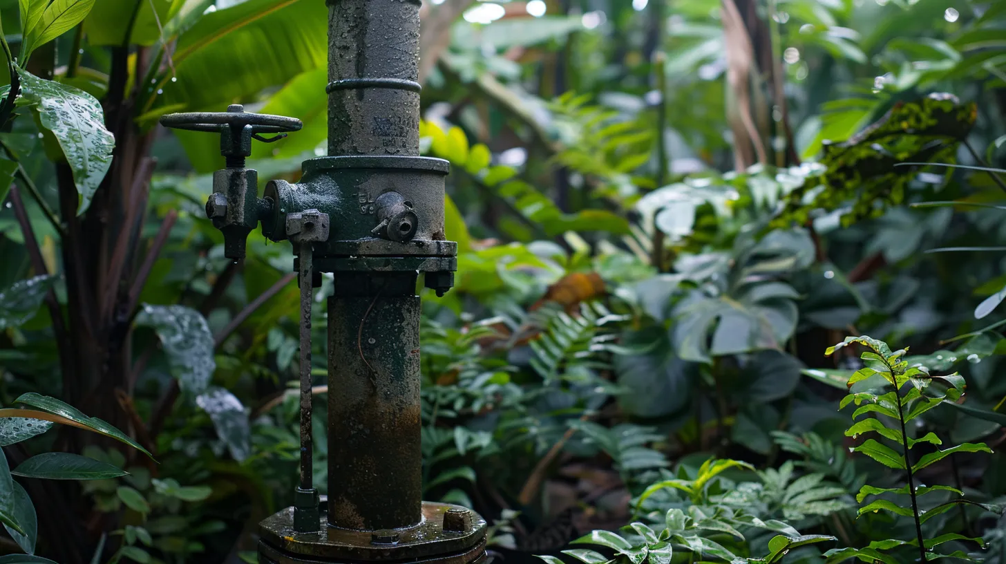 a close-up view of a well pump surrounded by lush greenery, showcasing signs of age and wear, illuminated by soft, natural sunlight, symbolizing the importance of maintenance and timely replacement for optimal performance.