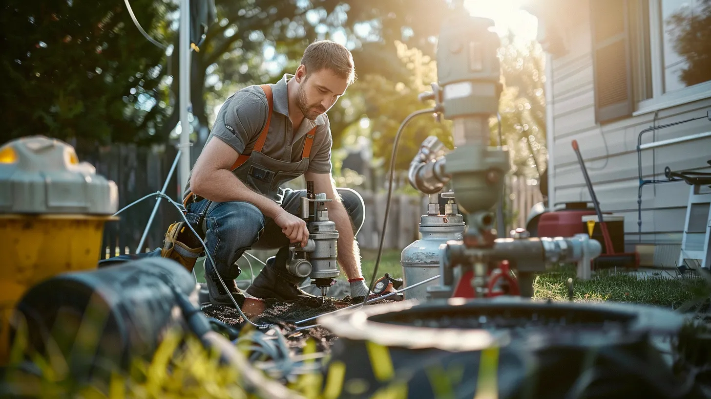 a homeowner in a bright, sunlit manassas yard closely examines a well pump, surrounded by essential tools like a sump pump and screws, symbolizing an organized and proactive approach to the replacement process.