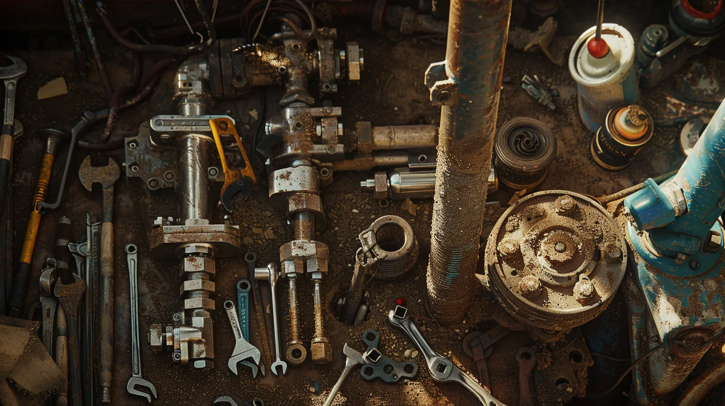 a meticulously arranged scene showcases a brand-new well pump glistening under the afternoon sun, surrounded by essential tools like wrenches and steel materials, embodying the theme of a safe and efficient replacement process.