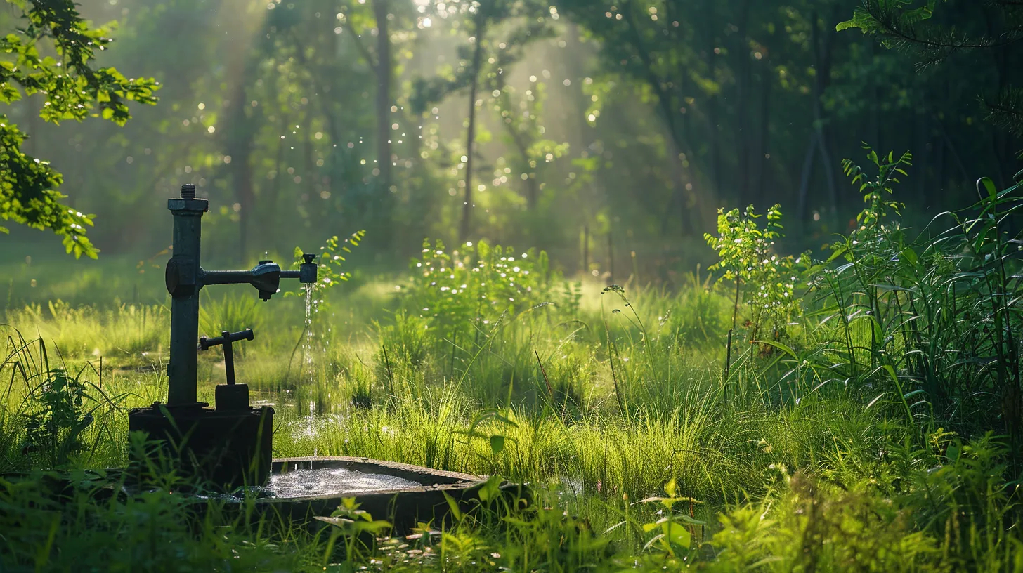 a pristine, modern well pump glistens under soft morning light amid a lush green landscape, symbolizing reliability and the importance of proactive maintenance for homeowners.