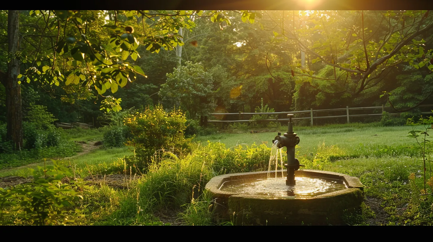 a serene rural landscape in manassas, va, showcasing a robust submersible well pump surrounded by lush greenery and a sparkling water reservoir under soft golden sunlight.