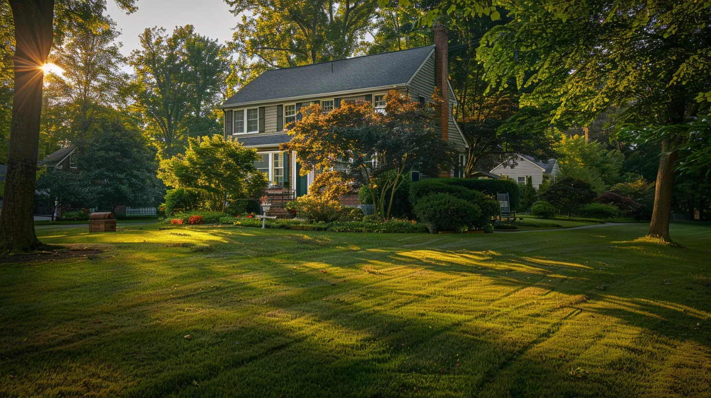 a serene suburban landscape in manassas, va, showcasing a well-maintained home with a freshly installed well pump amidst vibrant greenery, illuminated by soft afternoon sunlight.