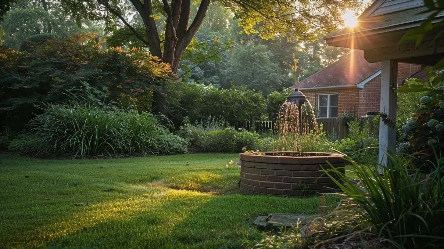 a tranquil suburban setting in manassas, va, featuring a well and garden, illuminated by soft morning light, symbolizing the importance of well pump maintenance and the journey of homeownership.